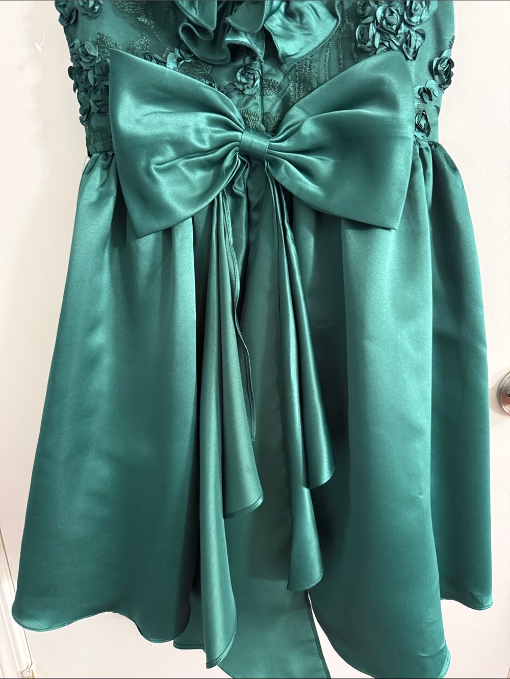 Bonnie Jean Emerald Green Ruffle Floral Satin Dress - Picture 5 of 13